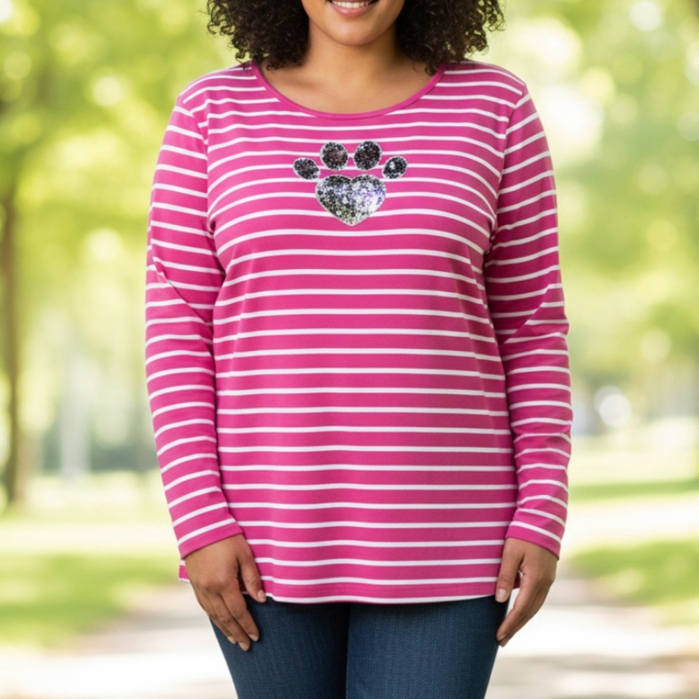 Quacker Factory Pink Stripes Paw Print Sequins Knit Top Sizeβ 2X